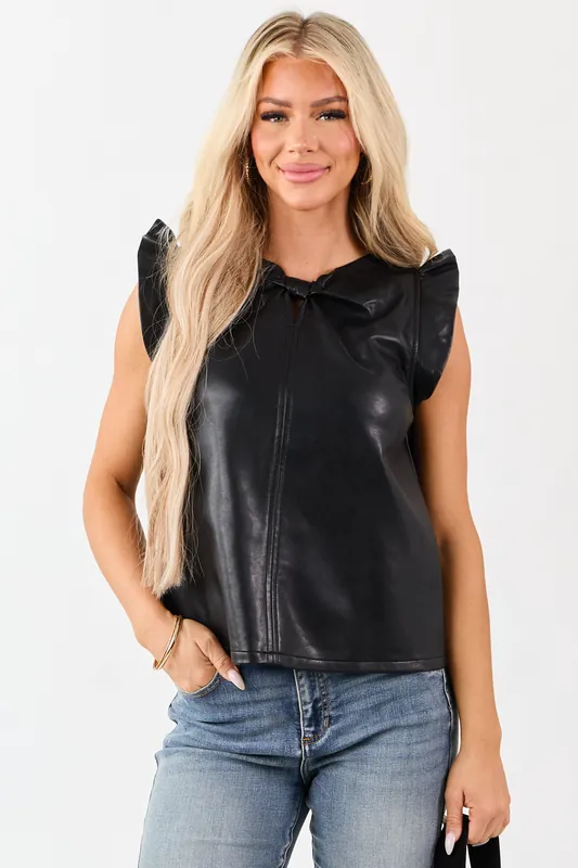 Black Faux Leather Ruffle Cap Sleeve Top - B Right