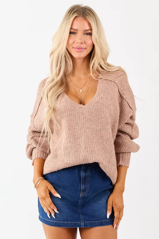 Light Chestnut Overseam Ribbed Knit Sweater - Peach Love