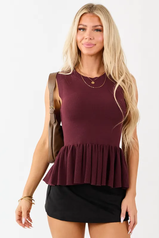 Flying Tomato Mahogany Peplum Ruffle Knit Tank Top