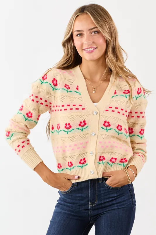 Almond Floral Print Pointelle Knit Cardigan - LovLov