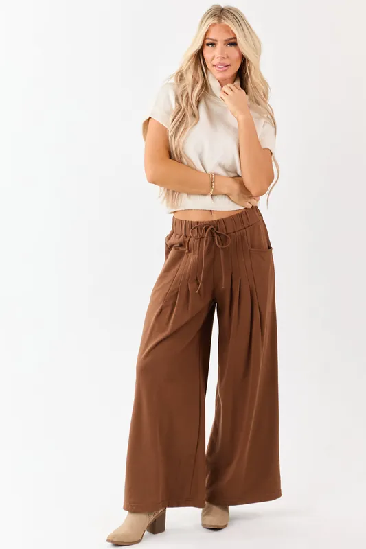 Coffee Wide Leg Pleated Waist Knit Sweatpants - Umgee