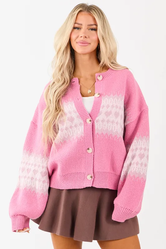 Bubblegum Fair Isle Heart Print Button Down Cardigan - LE LIS