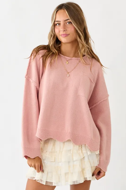Lovelo Cherry Blossom Scallop Trim Relaxed Sweater - GeeGee
