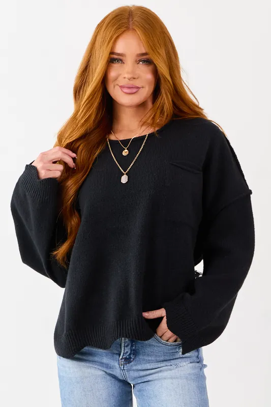 Lovelo Black Scallop Trim Relaxed Sweater - GeeGee