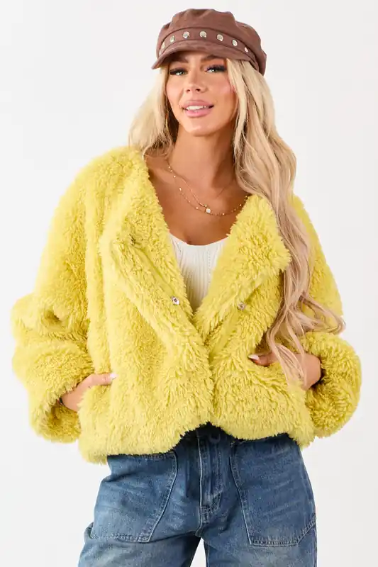 Light Mustard Soft Sherpa Snap Button Up Relaxed Jacket - Umgee