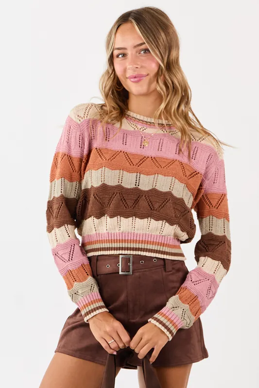 Almond Wavy Striped Long Sleeve Pointelle Sweater - So Me