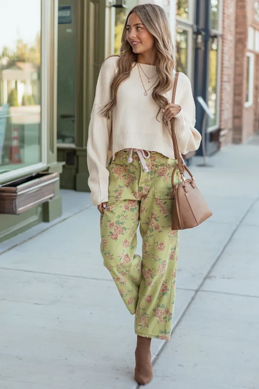 Pistachio Rose Print Rope Waist Belt Wide Denim Pants - BiBi