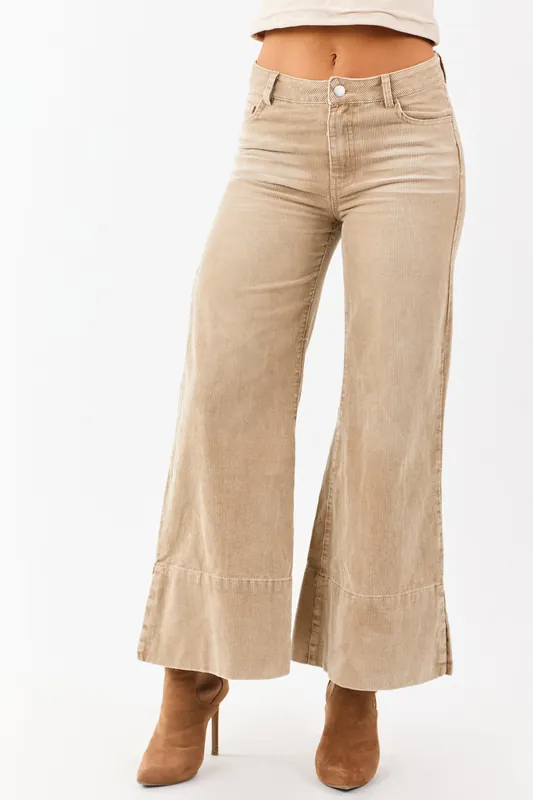 Oatmeal Vintage Wash Corduroy Wide Leg Pants - So Me