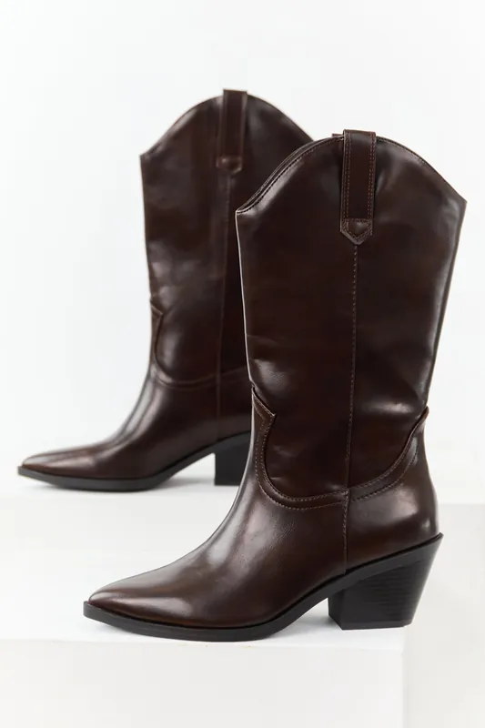 Cocoa Faux Leather Western Style Tall Boots - FORTUNE DYNAMIC