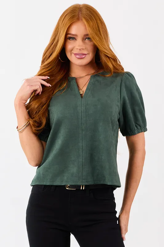 Pine Faux Suede Half Puff Sleeve V Notch Top - Day + Moon