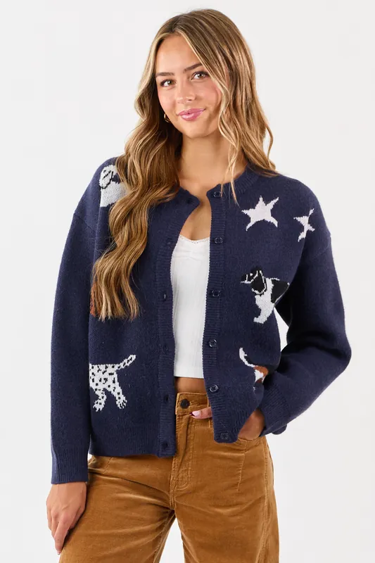 Navy Dog Graphic Knit Button Down Cardigan - &merci