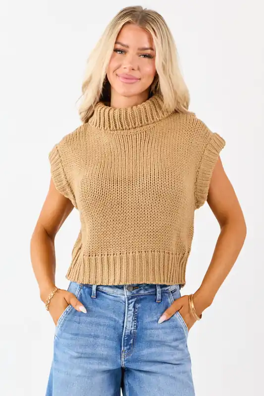 Camel Knit Turtleneck Cap Sleeve Sweater Top - Day + Moon