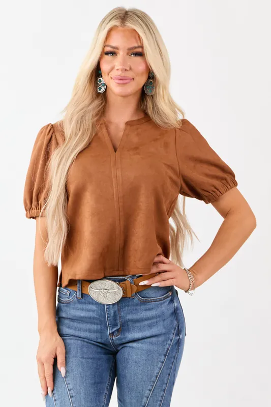 Cognac Faux Suede Half Puff Sleeve V Notch Top - Day + Moon