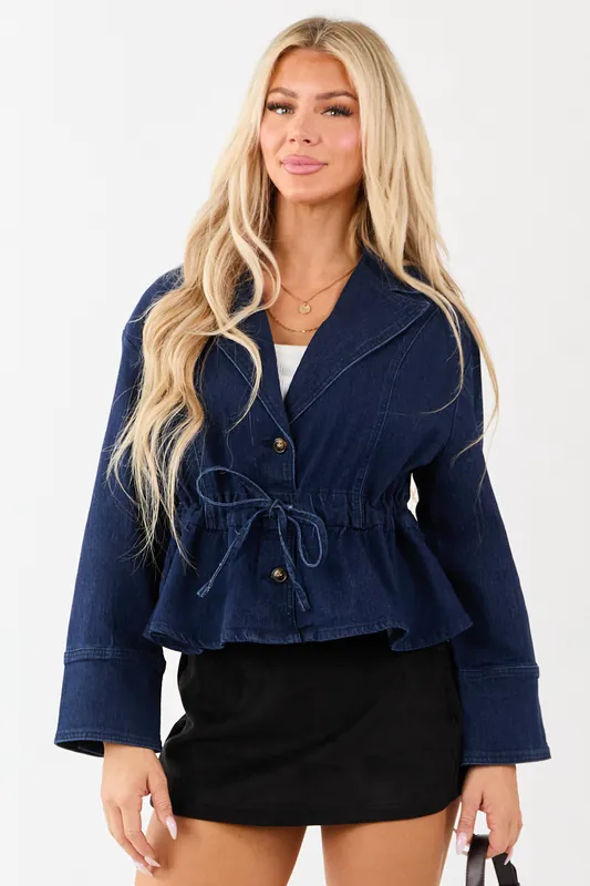 Dark Wash Denim Peplum Waist Tie Jacket - Camellia Clothing