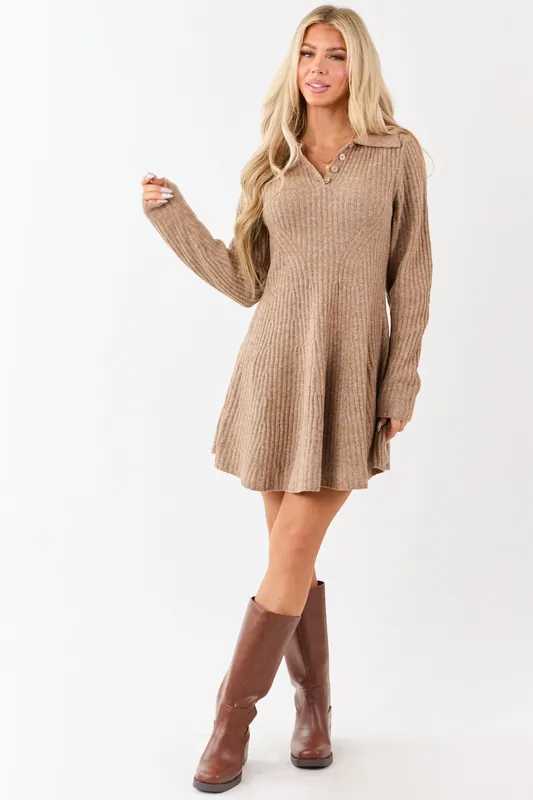 Taupe Ribbed Knit Wool Blend Short Sweater Dress - &merci