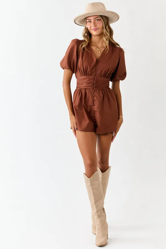 Spice Ruched Button Down Puff Sleeve Cotton Romper - Day + Moon