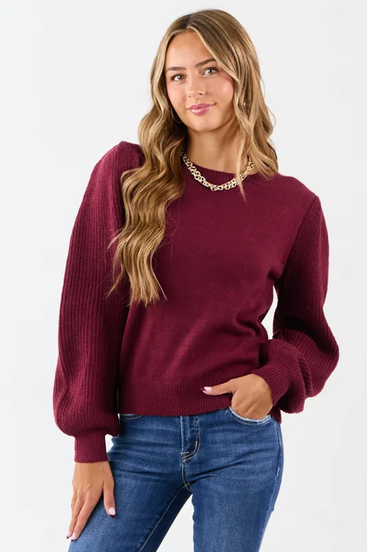 Wine Ribbed Knit Puff Long Sleeve Sweater - &merci