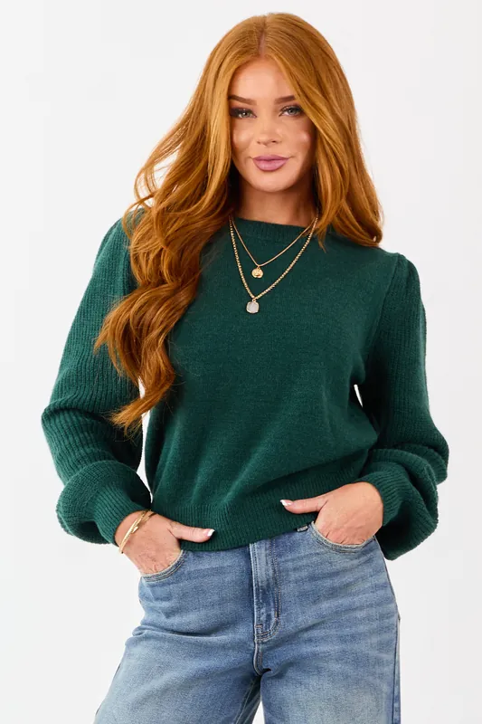 Forest Green Ribbed Knit Puff Long Sleeve Sweater - &merci