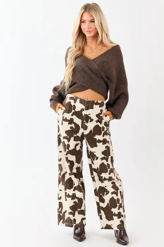 Coconut Cow Print Elastic Waist Wide Leg Denim Pants - &merci
