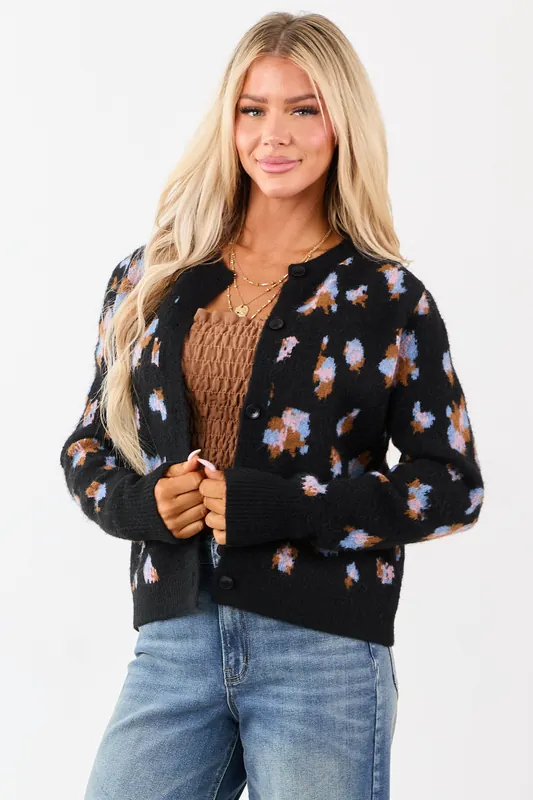 Black Floral Button Up Wool Blend Knit Cardigan - &merci