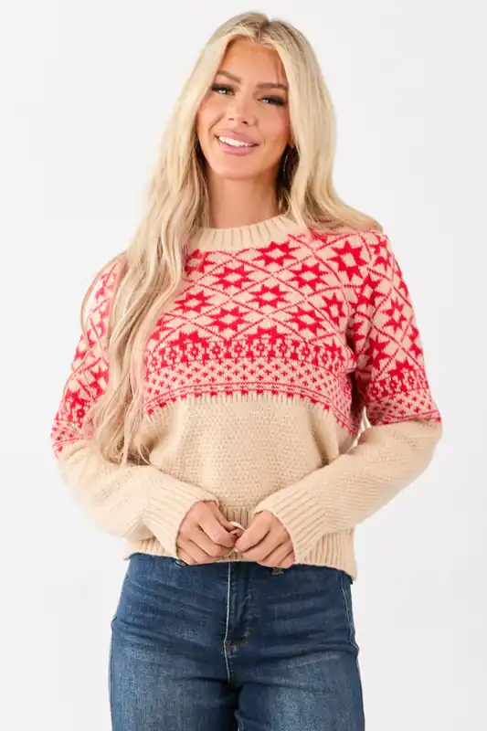 Beige and Crimson Geometric Print Sweater - &merci