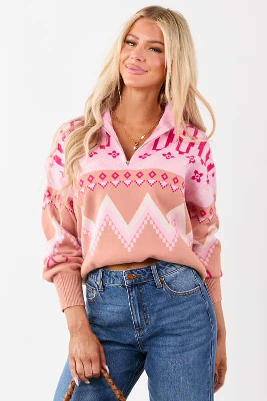 Carnation Geometric Half Zip Up Pullover Sweater - &merci