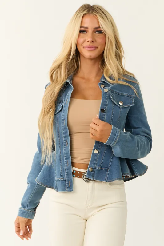 Medium Wash Denim Button Up Peplum Jacket - Baby Pink