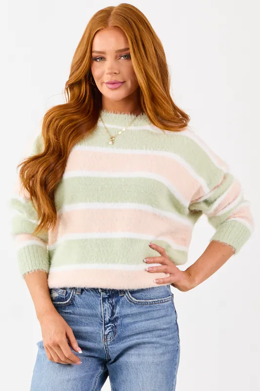 Sage and Tea Rose Striped Soft Fuzzy Knit Sweater - Paper Moon