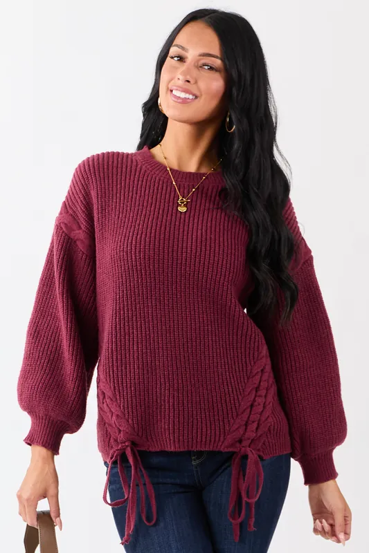 Lovelo Wine Lace Up Side Puff Sleeve Sweater - GeeGee