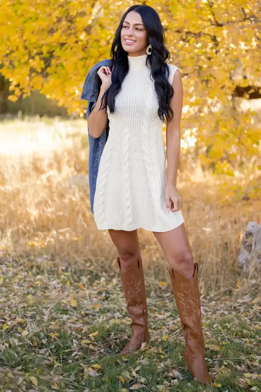 Lovelo Cream Mock Neck Cable Sweater Short Dress - GeeGee
