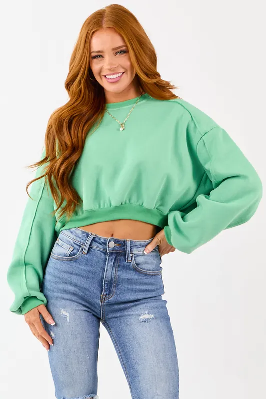 Kelly Green Cropped Boxy Crew Neck Sweatshirt - HYFVE