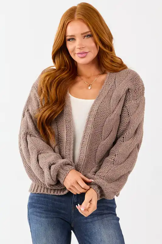 Mocha Soft Cable Knit Puff Sleeve Sweater Cardigan - HYFVE