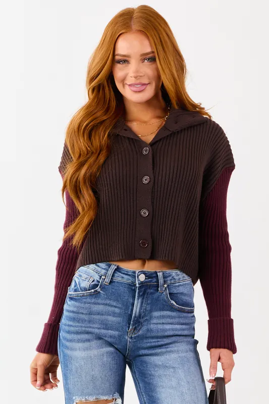 Cocoa and Maroon Contrast Sleeve Sweater Cardigan - HYFVE