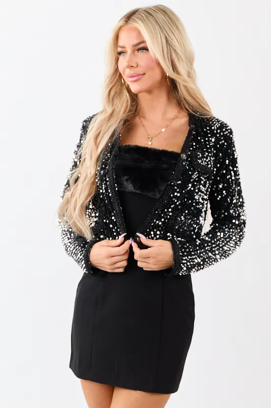 Black Sequined Cropped Button Down Jacket - HYFVE