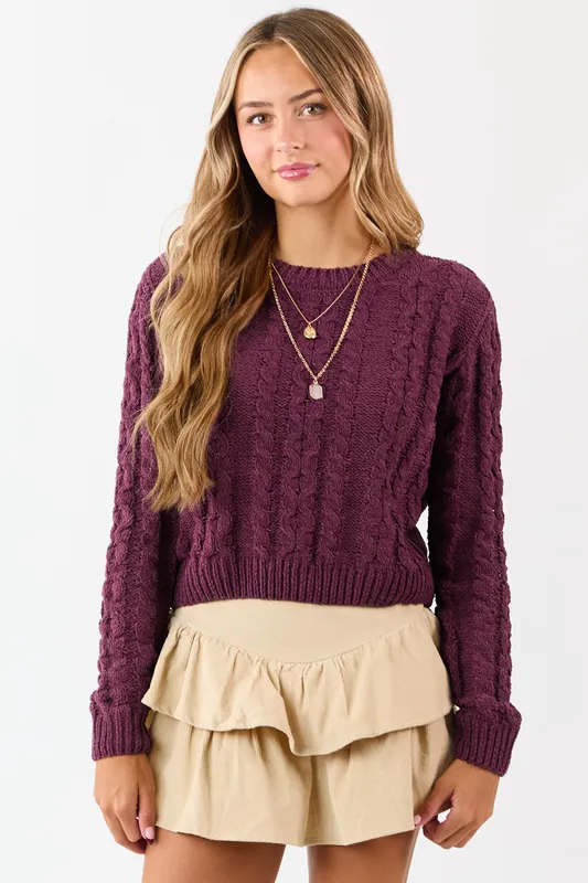 Boysenberry Chenille Cable Knit Sweater - HYFVE