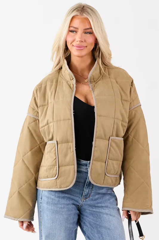 Sand Quilted Contrast Piping Detail Puffer Jacket - HYFVE