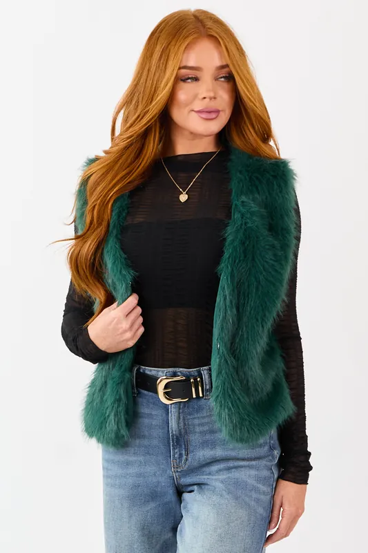 Dark Pine Faux Fur Hook and Eye Closure Vest - HYFVE