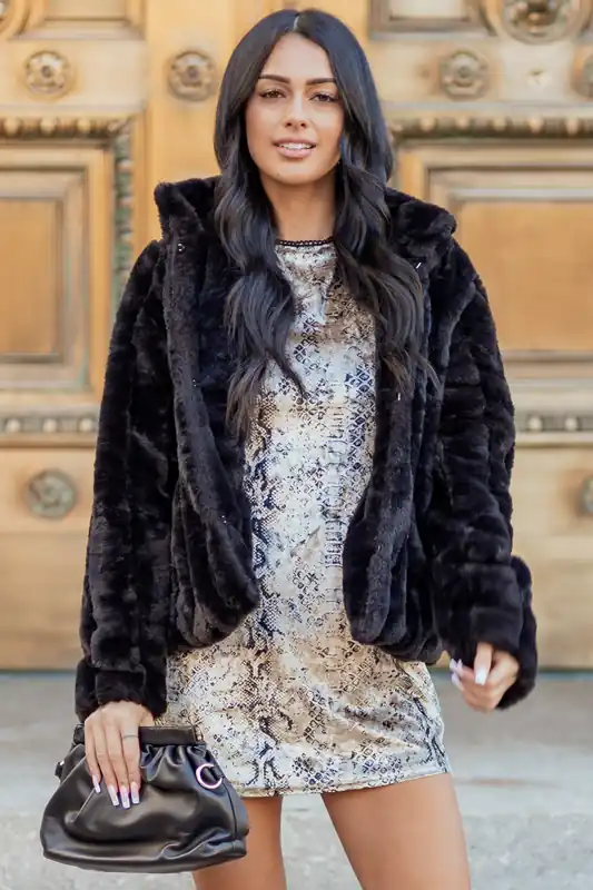 Black Soft Faux Fur Hook Closure Collared Jacket - HYFVE
