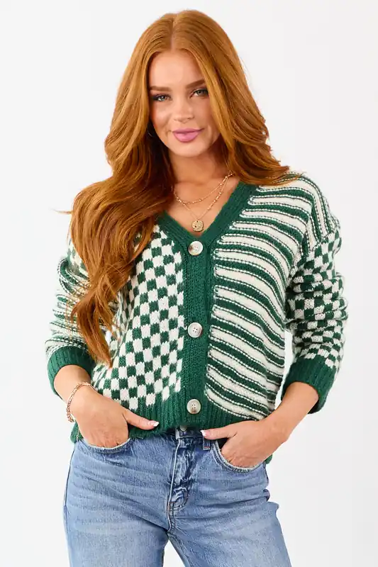 Forest Green Striped and Checkered Cardigan - HYFVE
