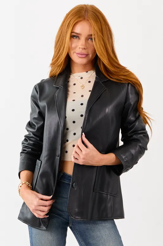 Black Collared Button Down Faux Leather Blazer - ANWND