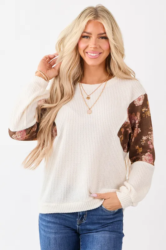 Ivory Waffle Knit Contrast Floral Print Sweater - Almost Famous