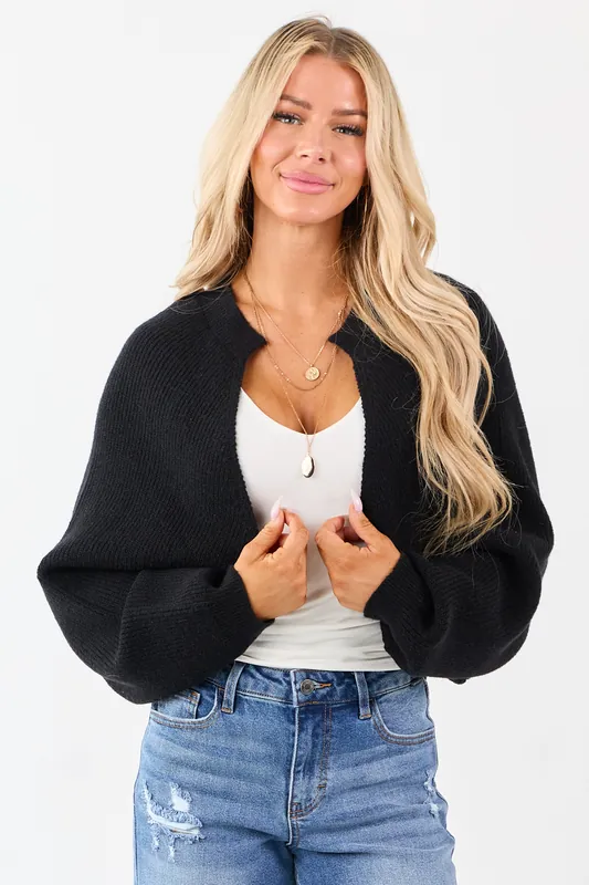 Black Rib Knit Dolman Sleeve Bolero Shrug Crop Cardigan - HYFVE