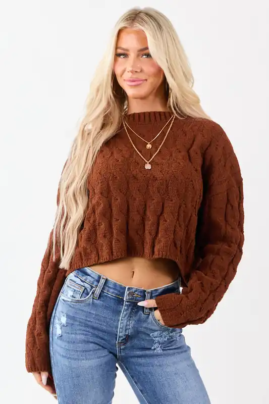 Spice Semi Cropped Chenille Cable Knit Sweater - HYFVE