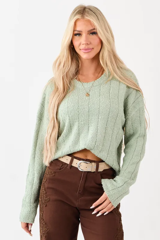 Sage Rib Texture Crew Neck Pullover Sweater - HYFVE