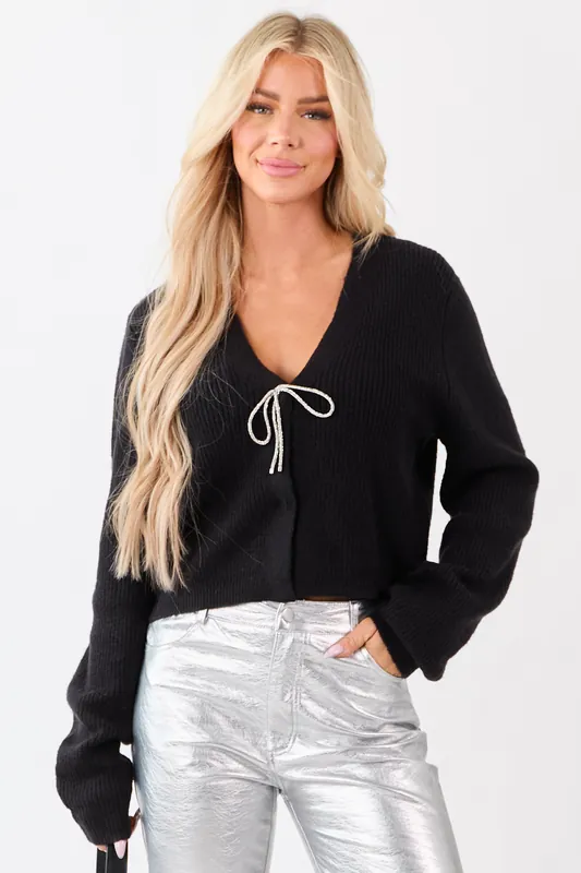 Black Sparkly Bow Button Down Rib Knit Cardigan - HYFVE