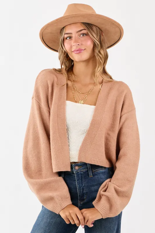 Latte Open Front Rib Knit Sweater Cardigan - HYFVE