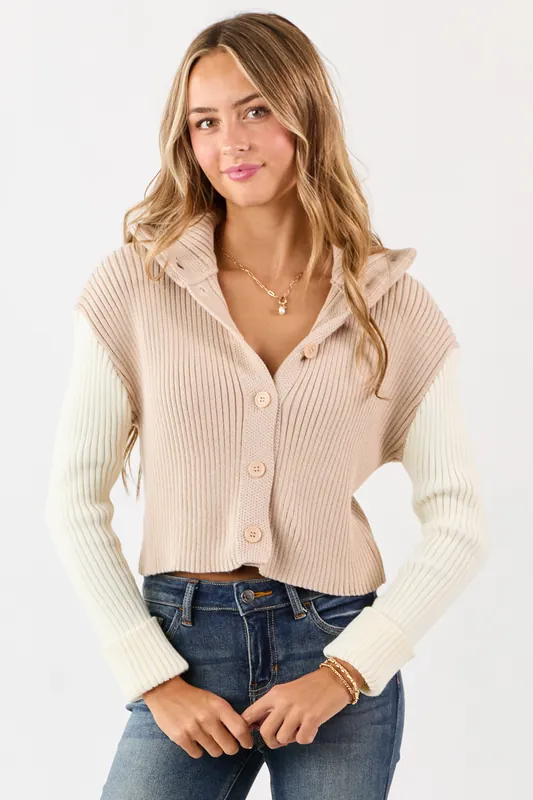Champagne and Cream Contrast Sleeve Sweater Cardigan - HYFVE