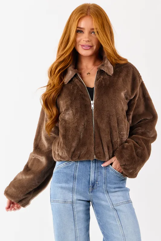 Coffee Faux Fur Collared Zip Up Jacket with Pockets - HYFVE