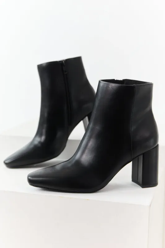 Black Faux Leather Block Heel Pointed Toe Booties - FORTUNE DYNAMIC