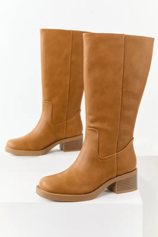 Caramel Faux Leather Block Heel Tall Riding Boots - FORTUNE DYNAMIC
